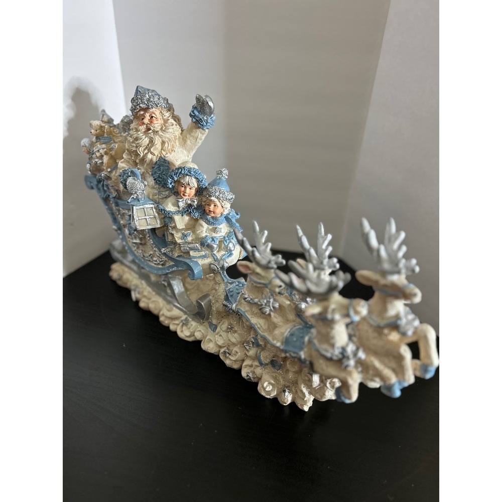 Figurine Christmas Blue White Santa Sleigh Reindeer Collectible Holiday Decor